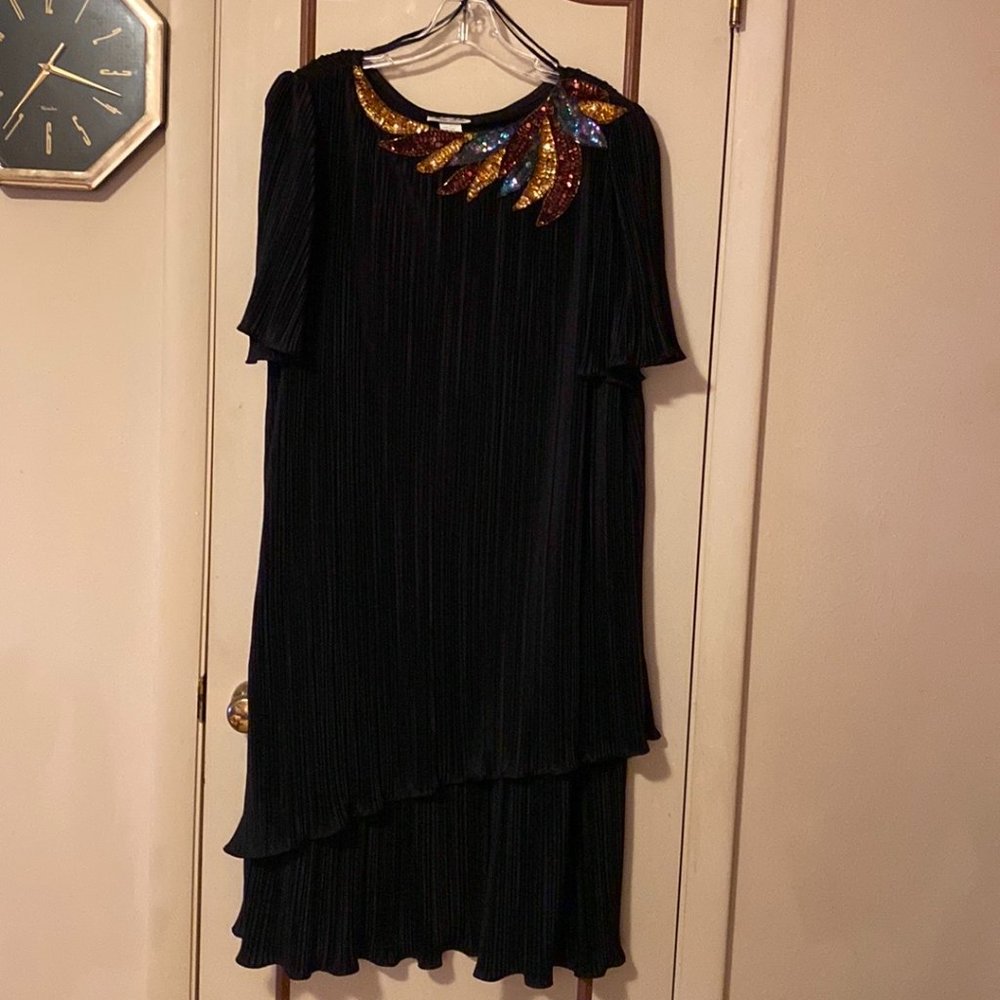 Black Layered Dress, Gold Sequin Collar, Asymmetrical Hem